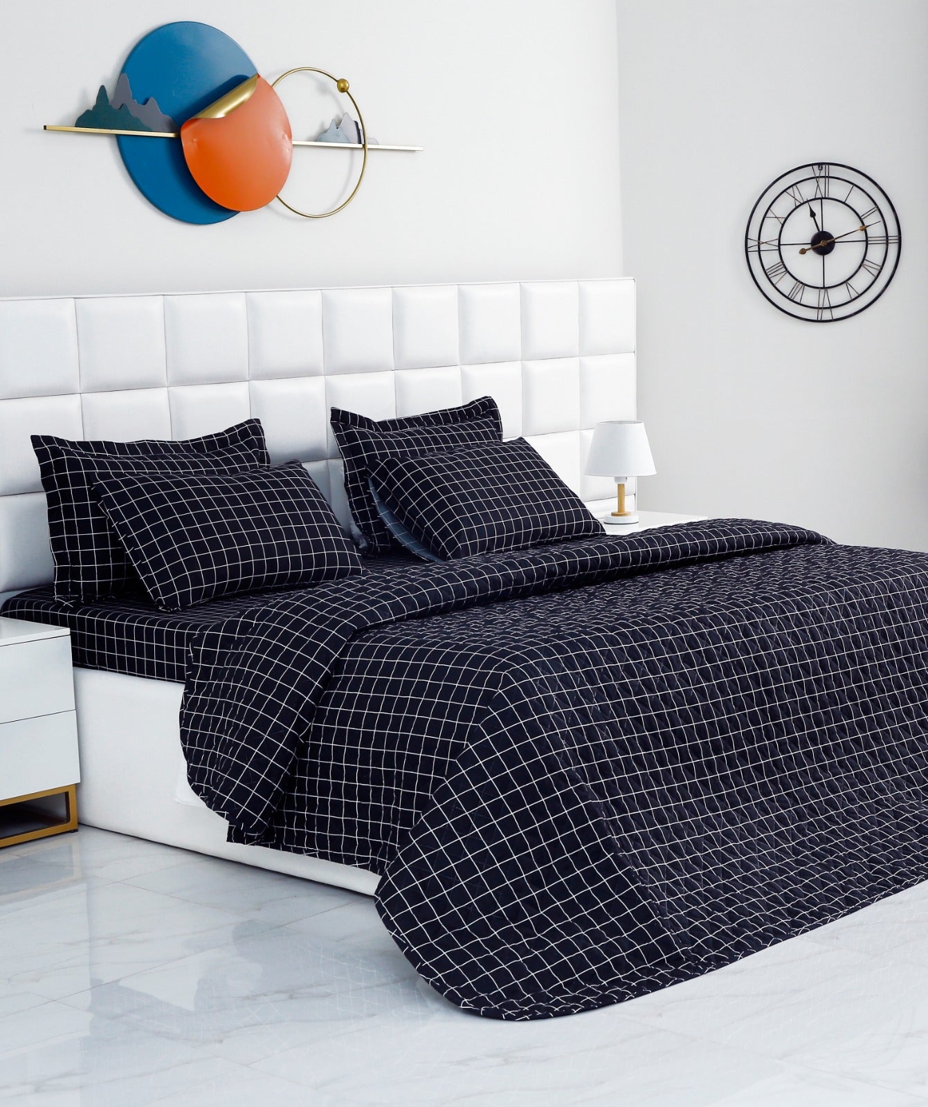 6 PCs Bed Spread Set-Black Check Bed Spread Apricot   