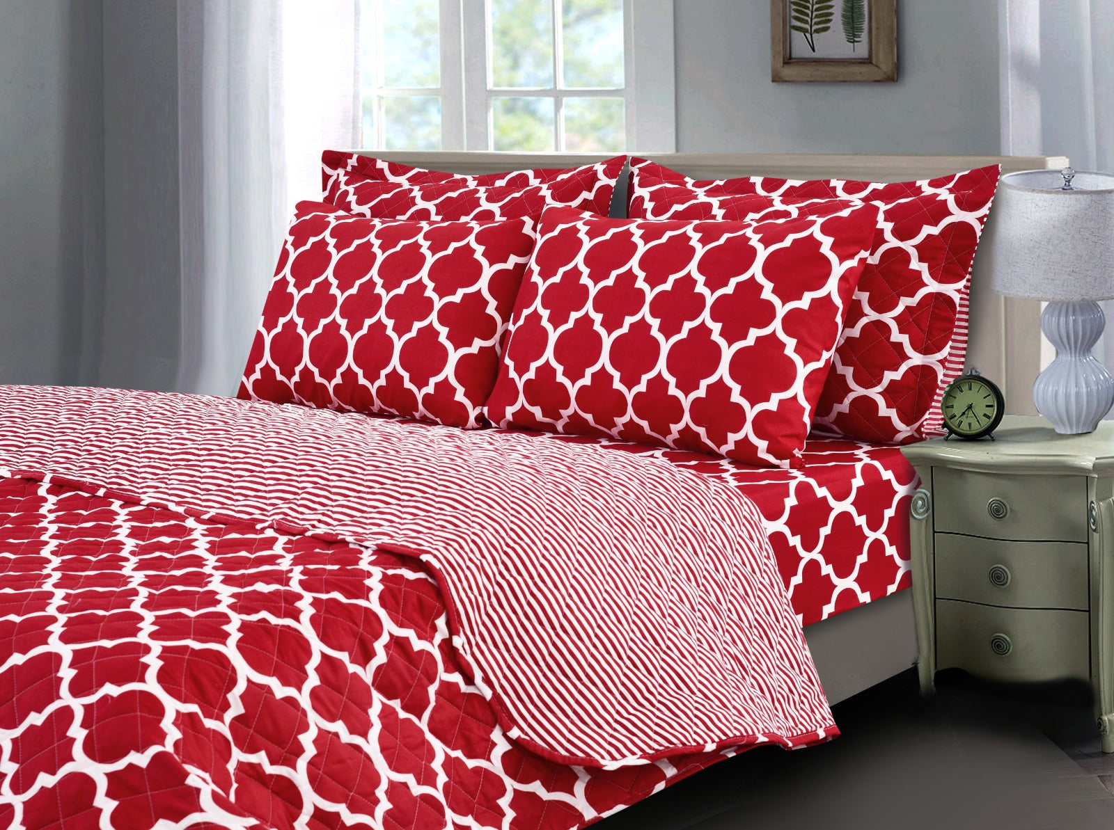 6 PCs Bed Spread Set-Maroon Geometric Apricot