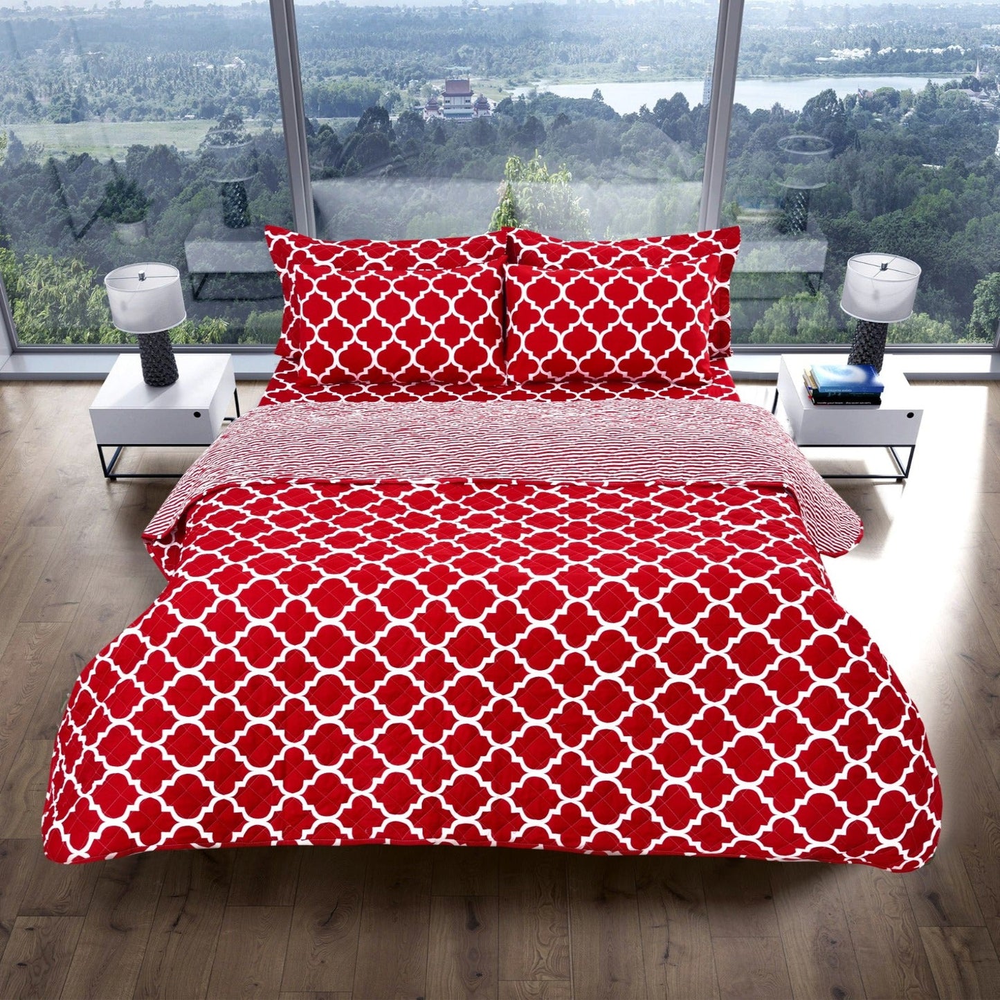 6 PCs Bed Spread Set-Maroon Geometric Bed Spread Apricot   