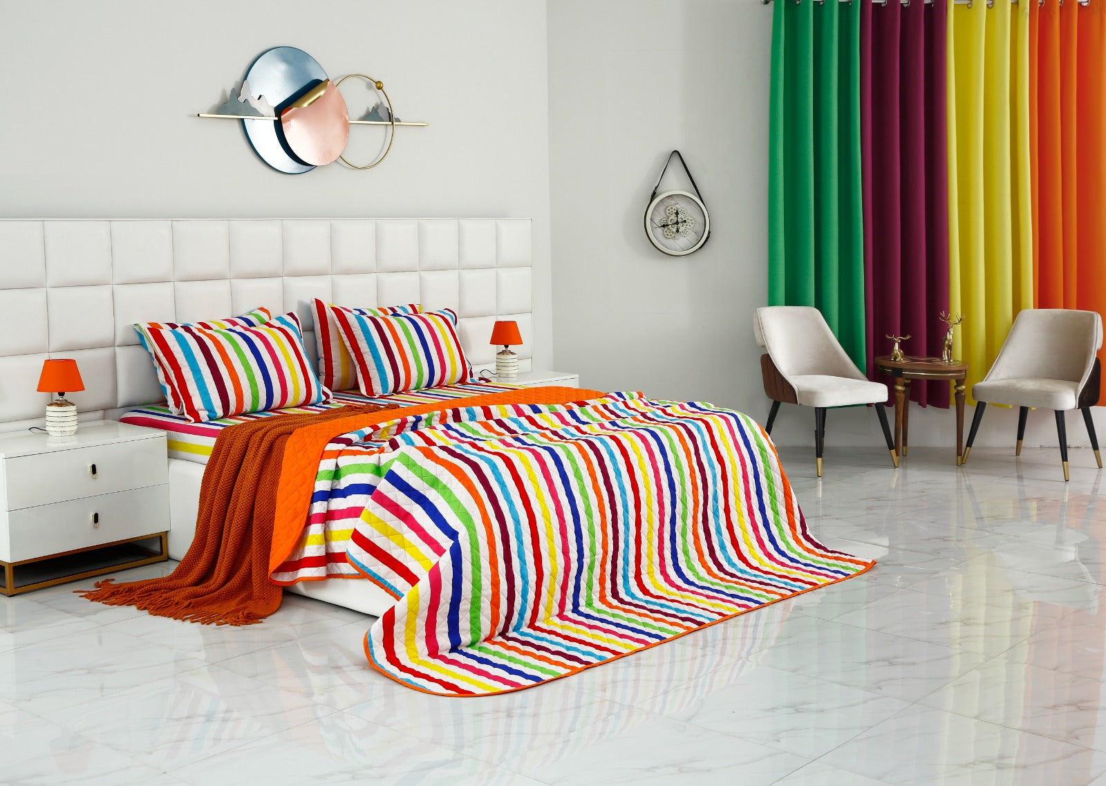 6 PCs Bed Spread Set-Multi Stripe(Orange) Bed Spread Apricot   