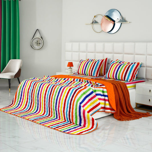 6 PCs Bed Spread Set-Multi Stripe(Orange) Bed Spread Apricot   