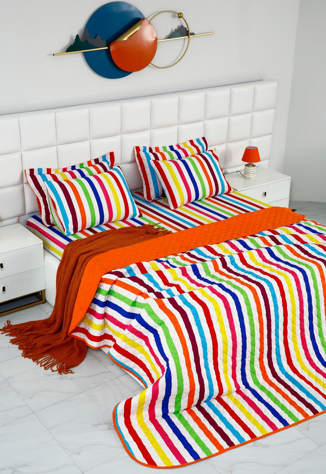 6 PCs Bed Spread Set-Multi Stripe(Orange) Bed Spread Apricot   