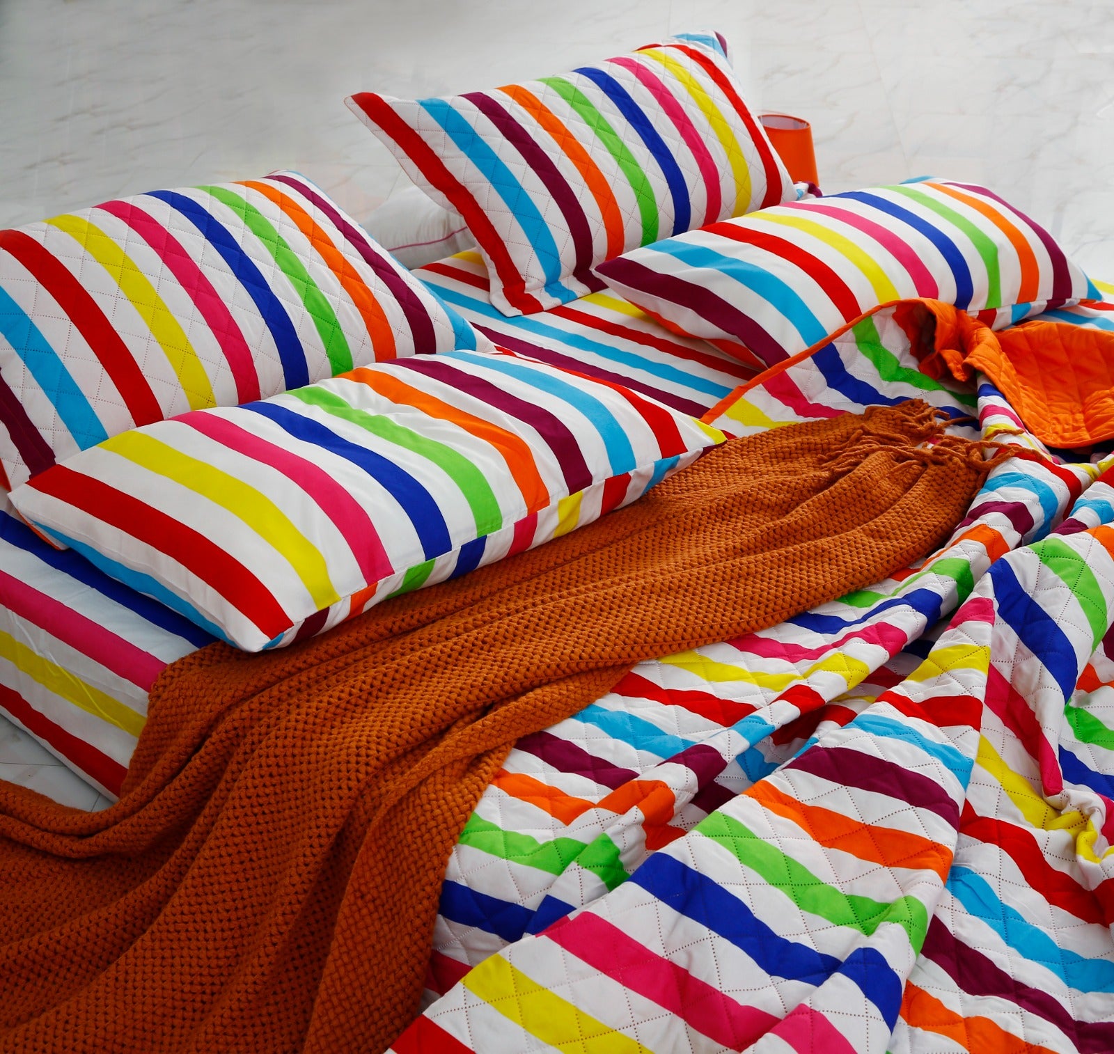 6 PCs Bed Spread Set-Multi Stripe(Orange) Bed Spread Apricot   