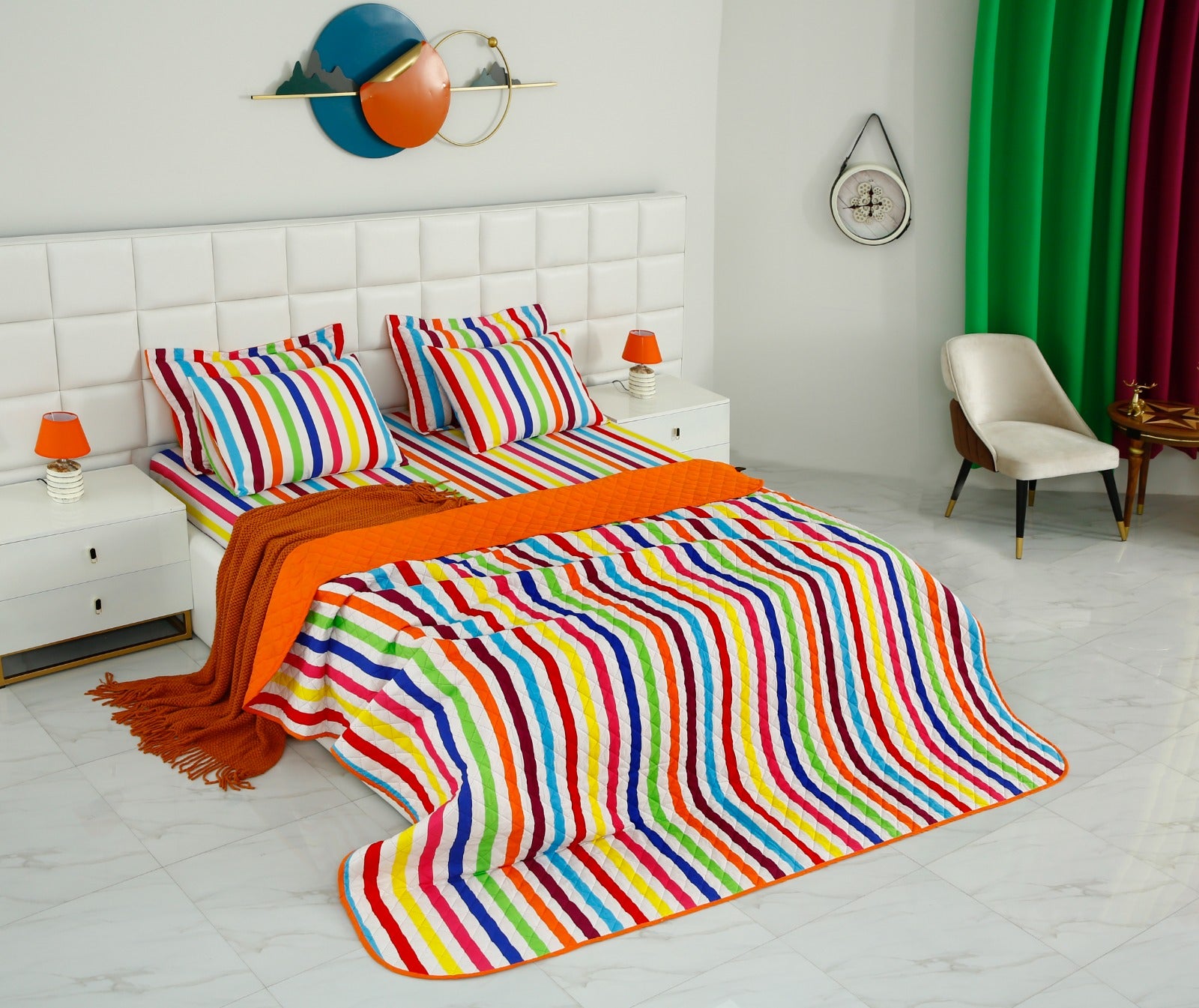 6 PCs Bed Spread Set-Multi Stripe(Orange) Bed Spread Apricot   