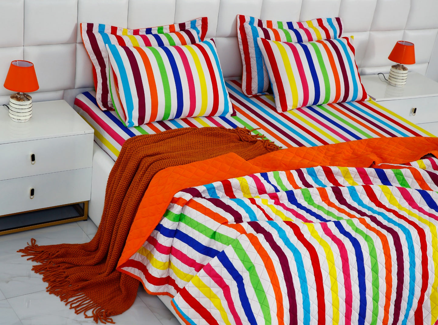 6 PCs Bed Spread Set-Multi Stripe(Orange) Bed Spread Apricot   