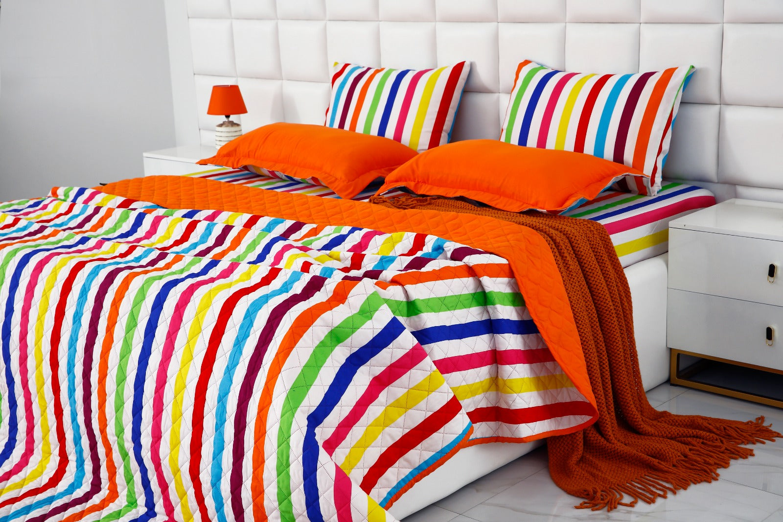 6 PCs Bed Spread Set-Multi Stripe(Orange) Bed Spread Apricot   