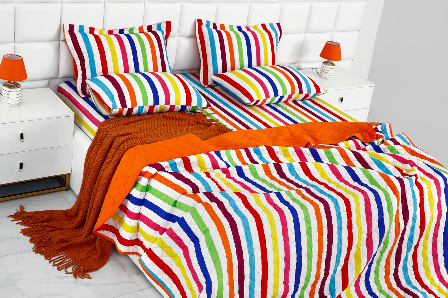 6 PCs Bed Spread Set-Multi Stripe(Orange) Bed Spread Apricot   