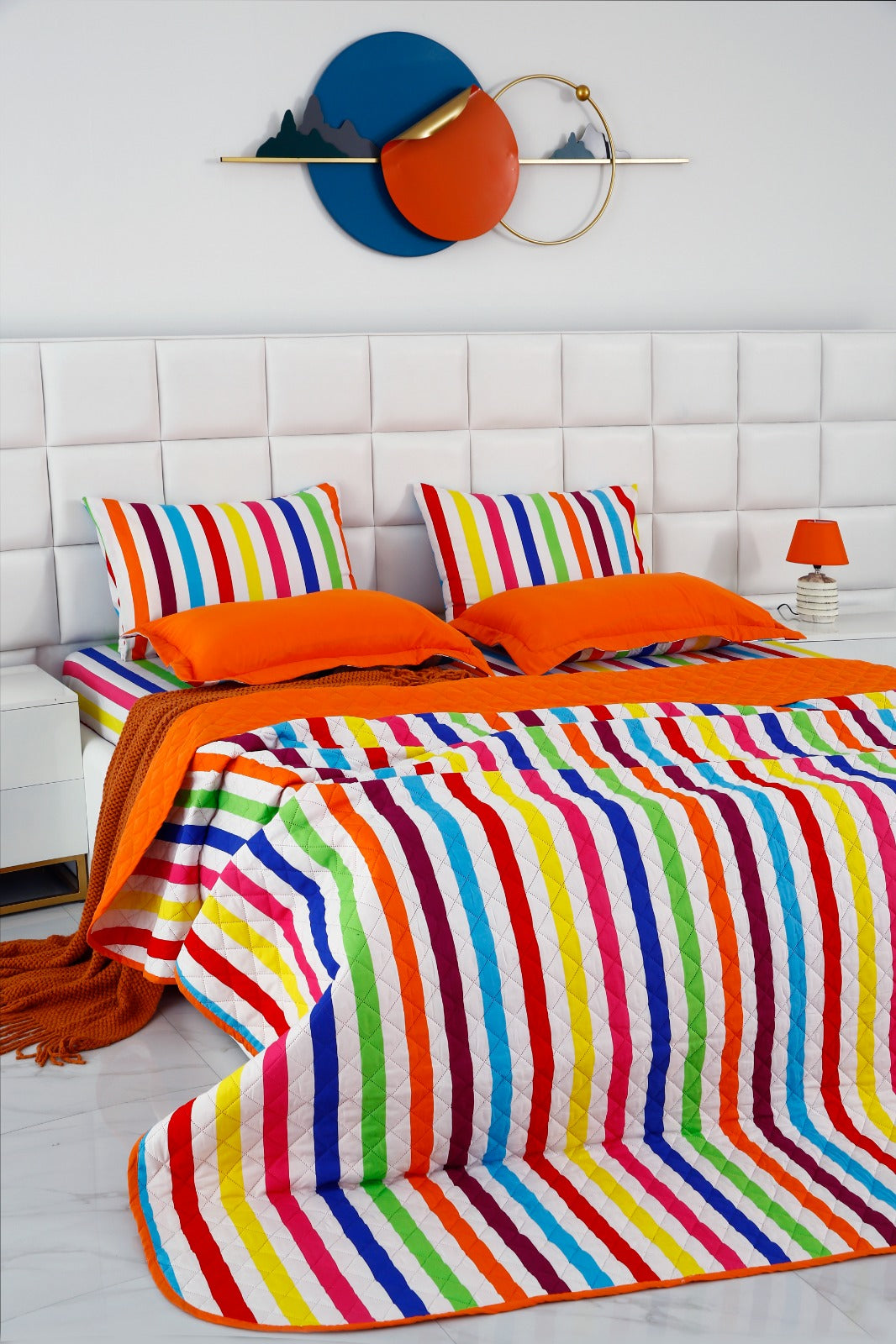 6 PCs Bed Spread Set-Multi Stripe(Orange) Bed Spread Apricot   