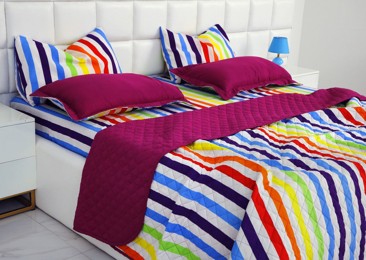 6 PCs Bed Spread Set-Multi Stripe(Plum) Bed Spread Apricot   