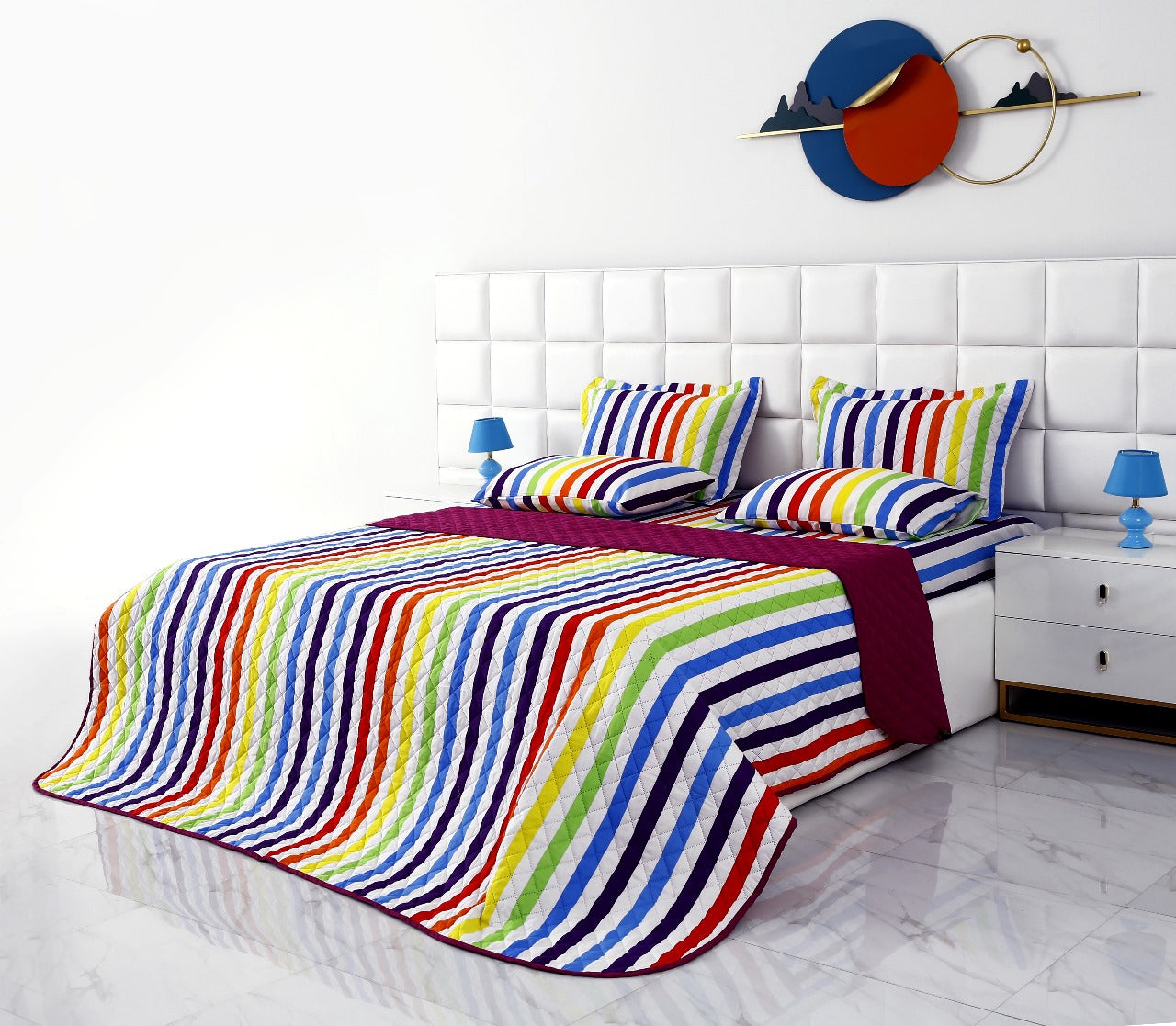 6 PCs Bed Spread Set-Multi Stripe(Plum) Bed Spread Apricot   