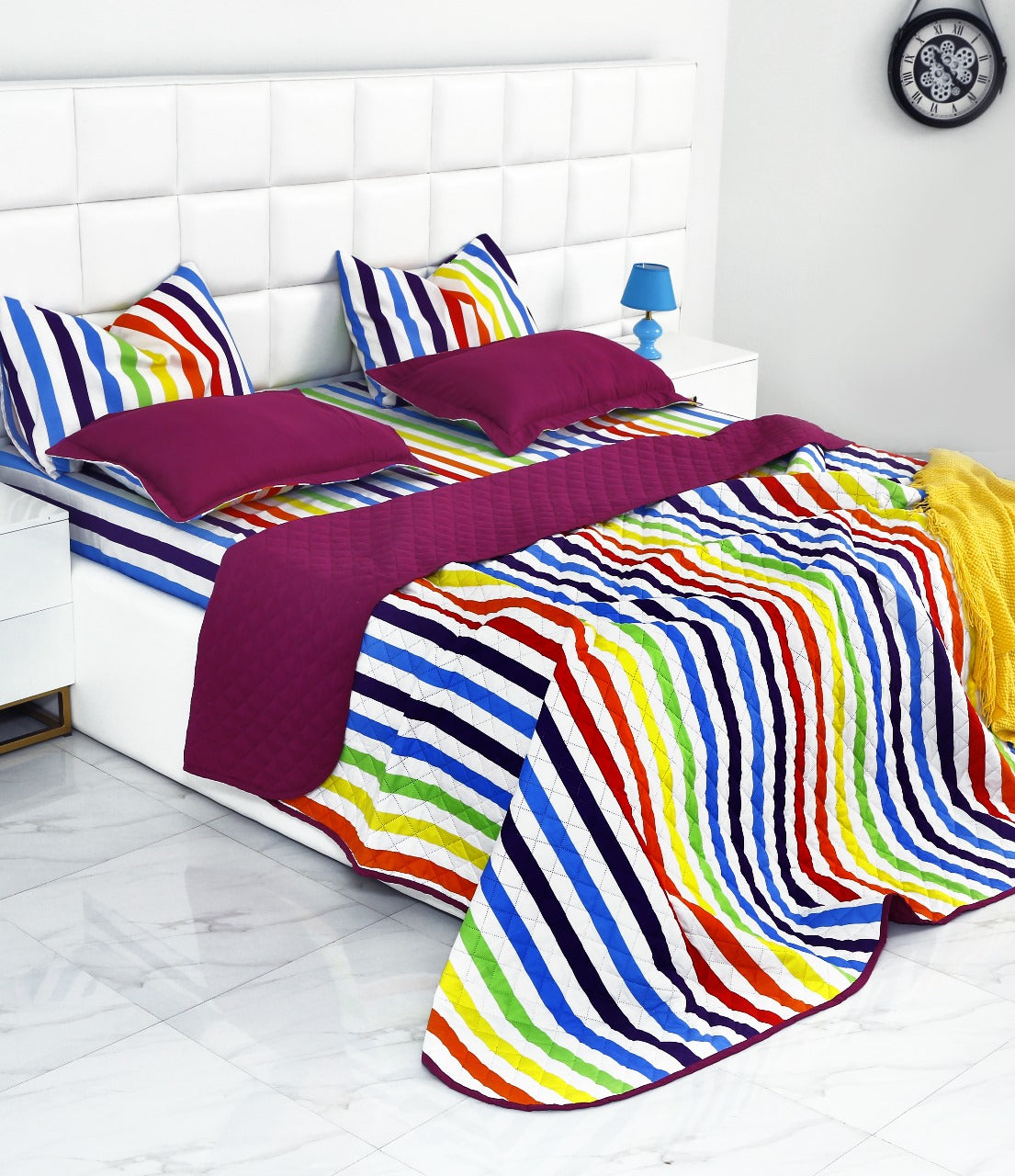 6 PCs Bed Spread Set-Multi Stripe(Plum) Bed Spread Apricot   