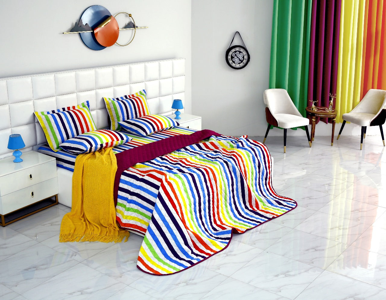 6 PCs Bed Spread Set-Multi Stripe(Plum) Bed Spread Apricot   