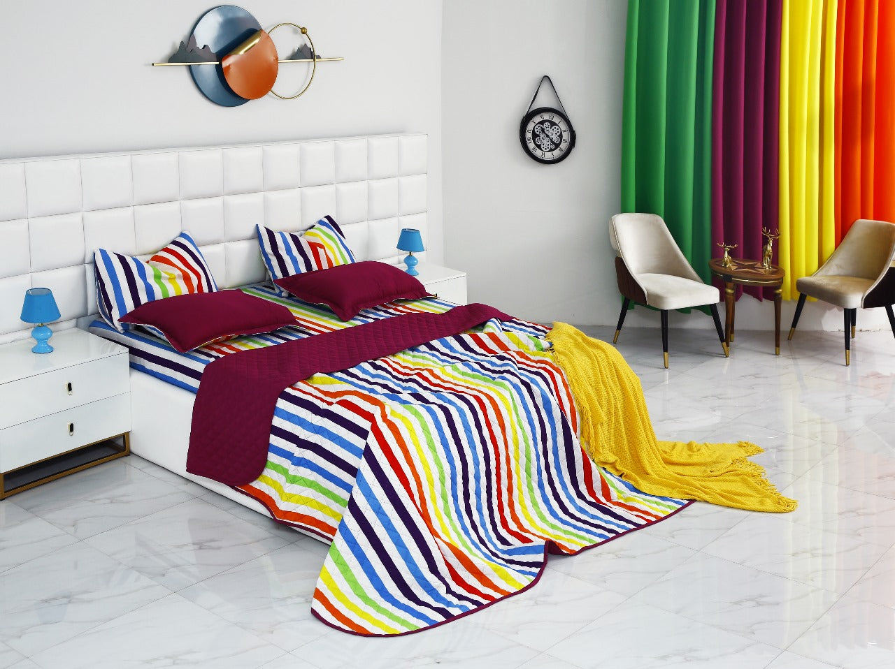 6 PCs Bed Spread Set-Multi Stripe(Plum) Bed Spread Apricot   