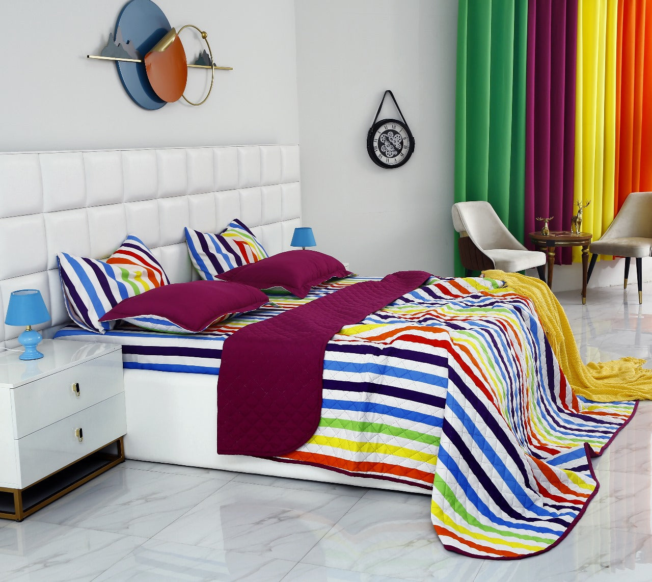 6 PCs Bed Spread Set-Multi Stripe(Plum) Bed Spread Apricot   