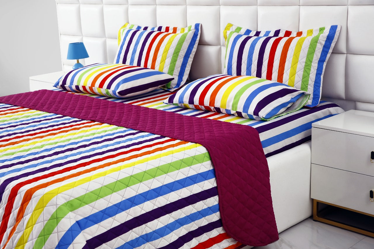 6 PCs Bed Spread Set-Multi Stripe(Plum) Bed Spread Apricot   