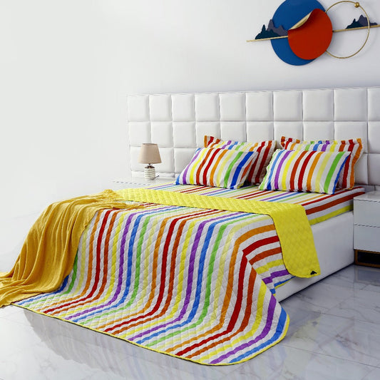 6 PCs Bed Spread Set-Multi Stripe(Yellow) Bed Spread Apricot   