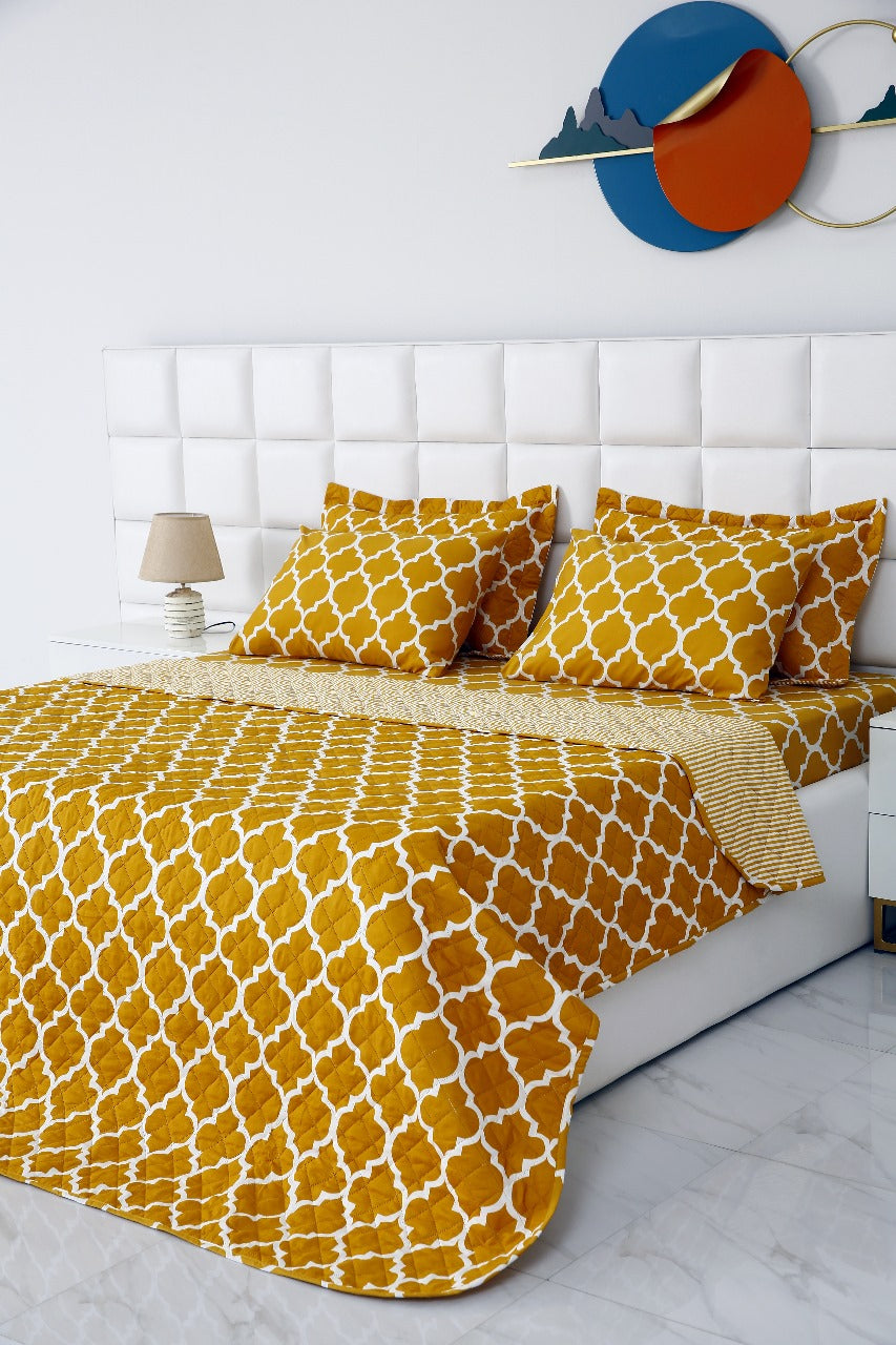 6 PCs Bed Spread Set-Mustard Geometric Bed Spread Apricot   