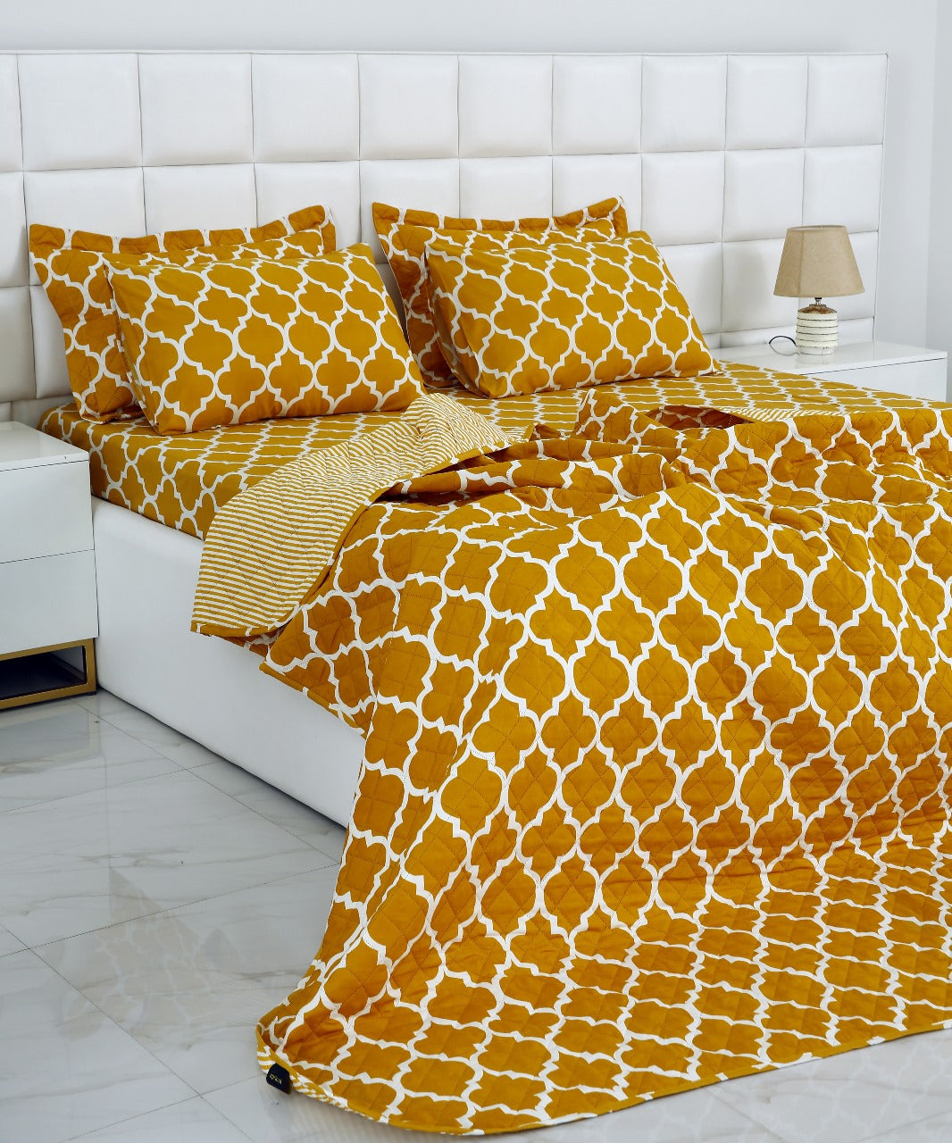 6 PCs Bed Spread Set-Mustard Geometric Bed Spread Apricot   