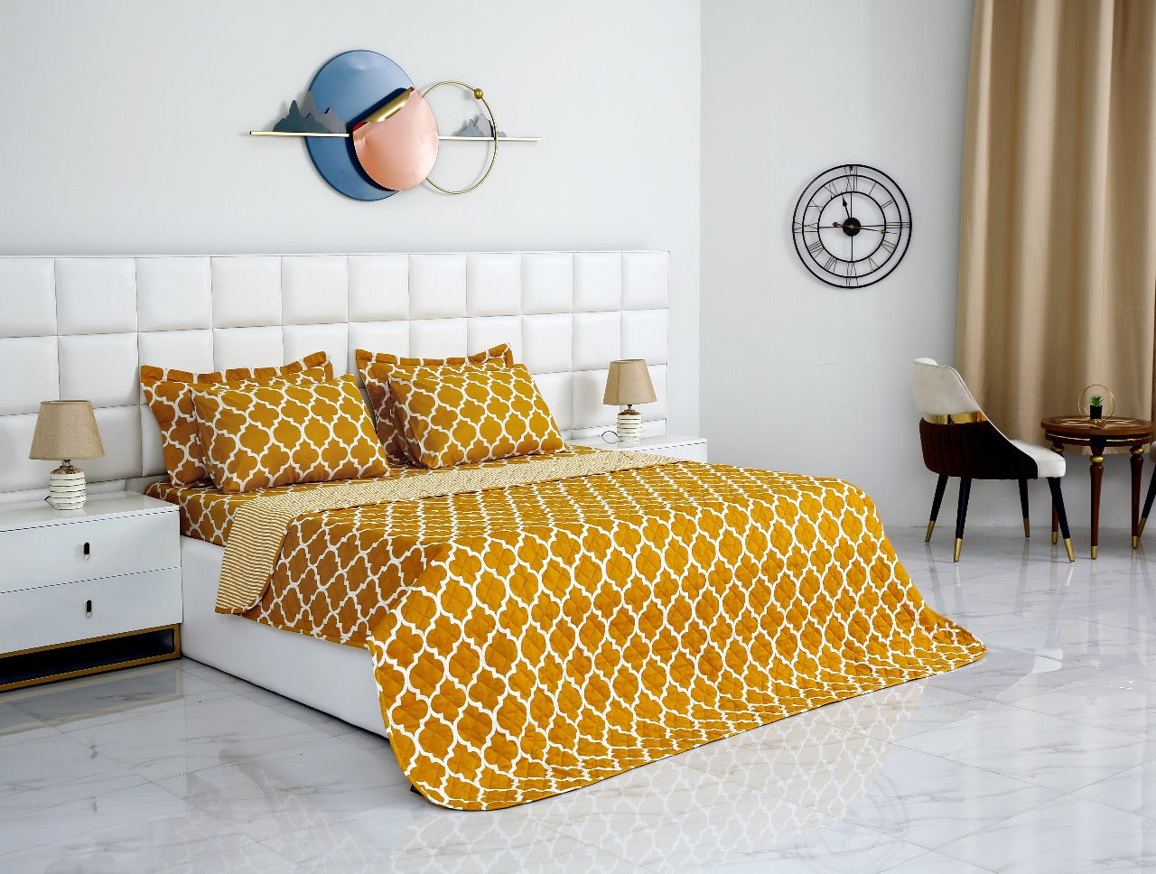 6 PCs Bed Spread Set-Mustard Geometric Bed Spread Apricot   