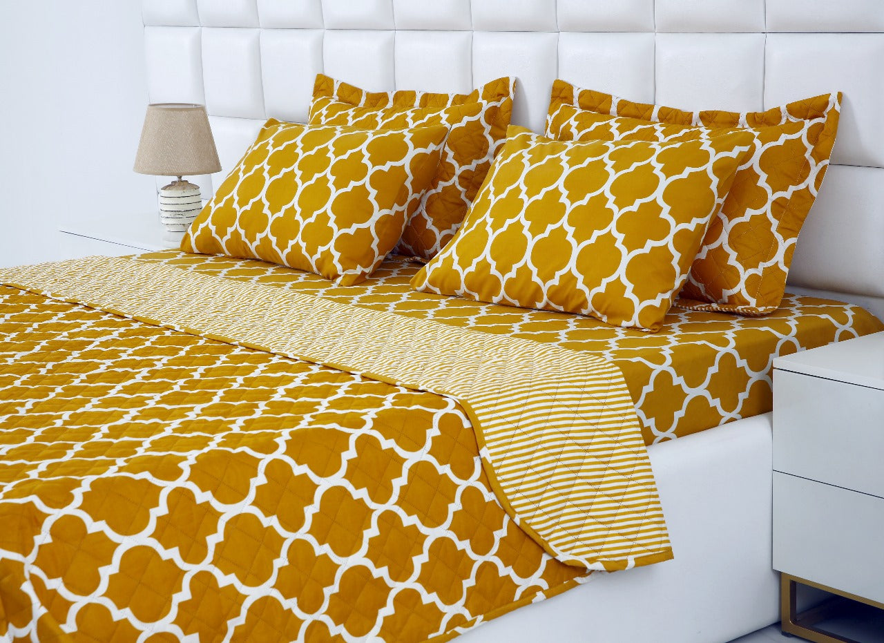 6 PCs Bed Spread Set-Mustard Geometric Bed Spread Apricot   