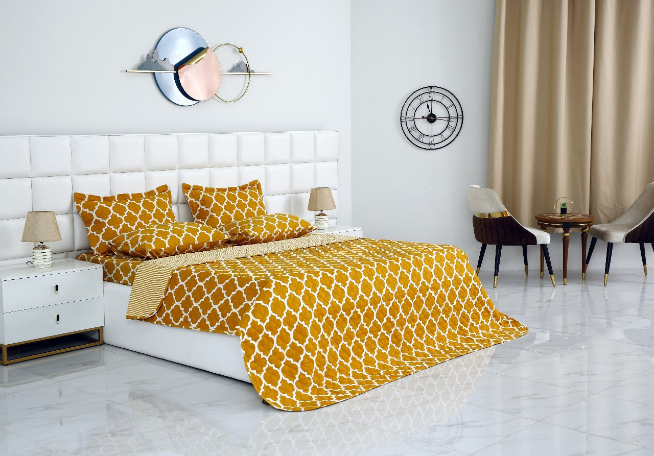 6 PCs Bed Spread Set-Mustard Geometric Bed Spread Apricot   