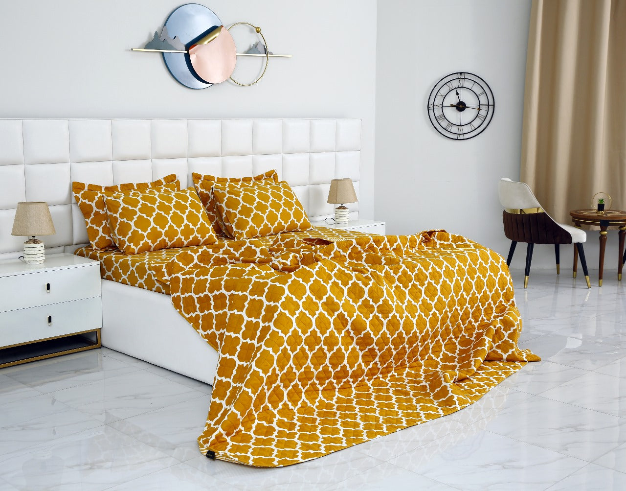 6 PCs Bed Spread Set-Mustard Geometric Bed Spread Apricot   