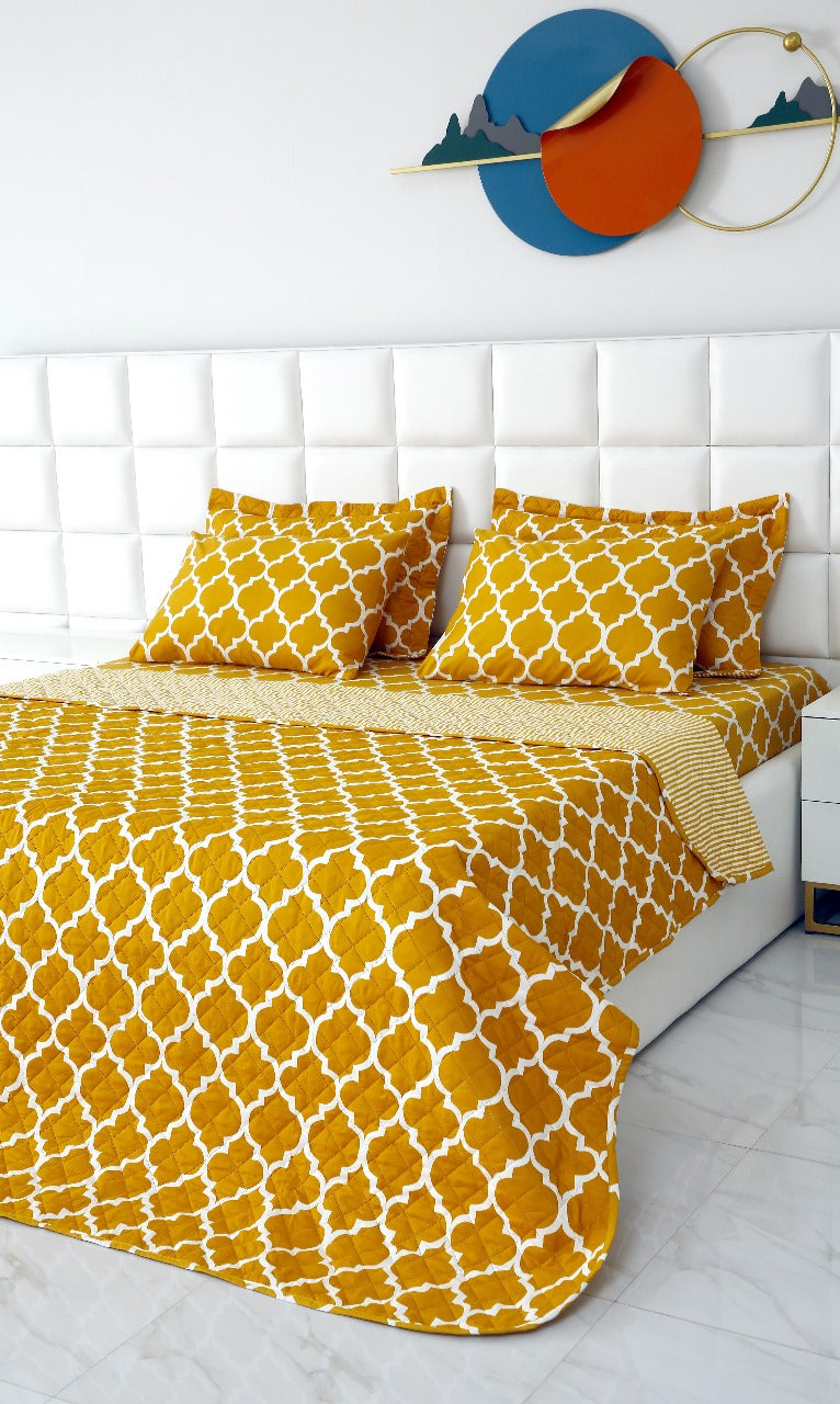 6 PCs Bed Spread Set-Mustard Geometric Bed Spread Apricot   