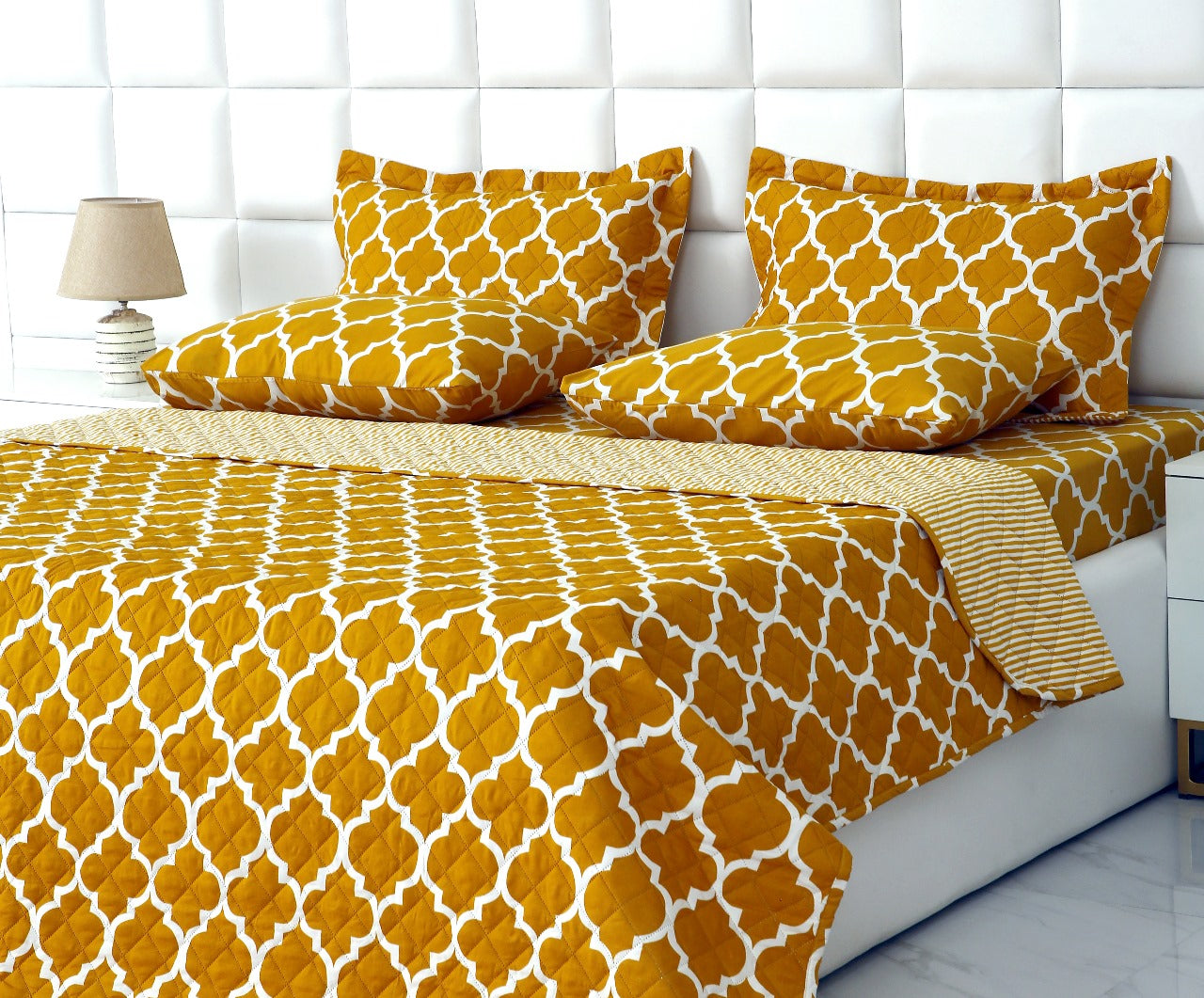 6 PCs Bed Spread Set-Mustard Geometric Bed Spread Apricot   