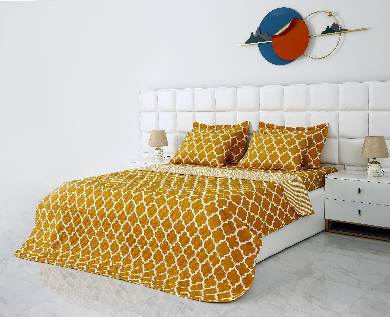 6 PCs Bed Spread Set-Mustard Geometric Bed Spread Apricot   