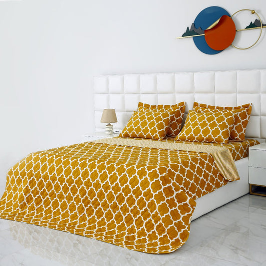 6 PCs Bed Spread Set-Mustard Geometric Bed Spread Apricot   