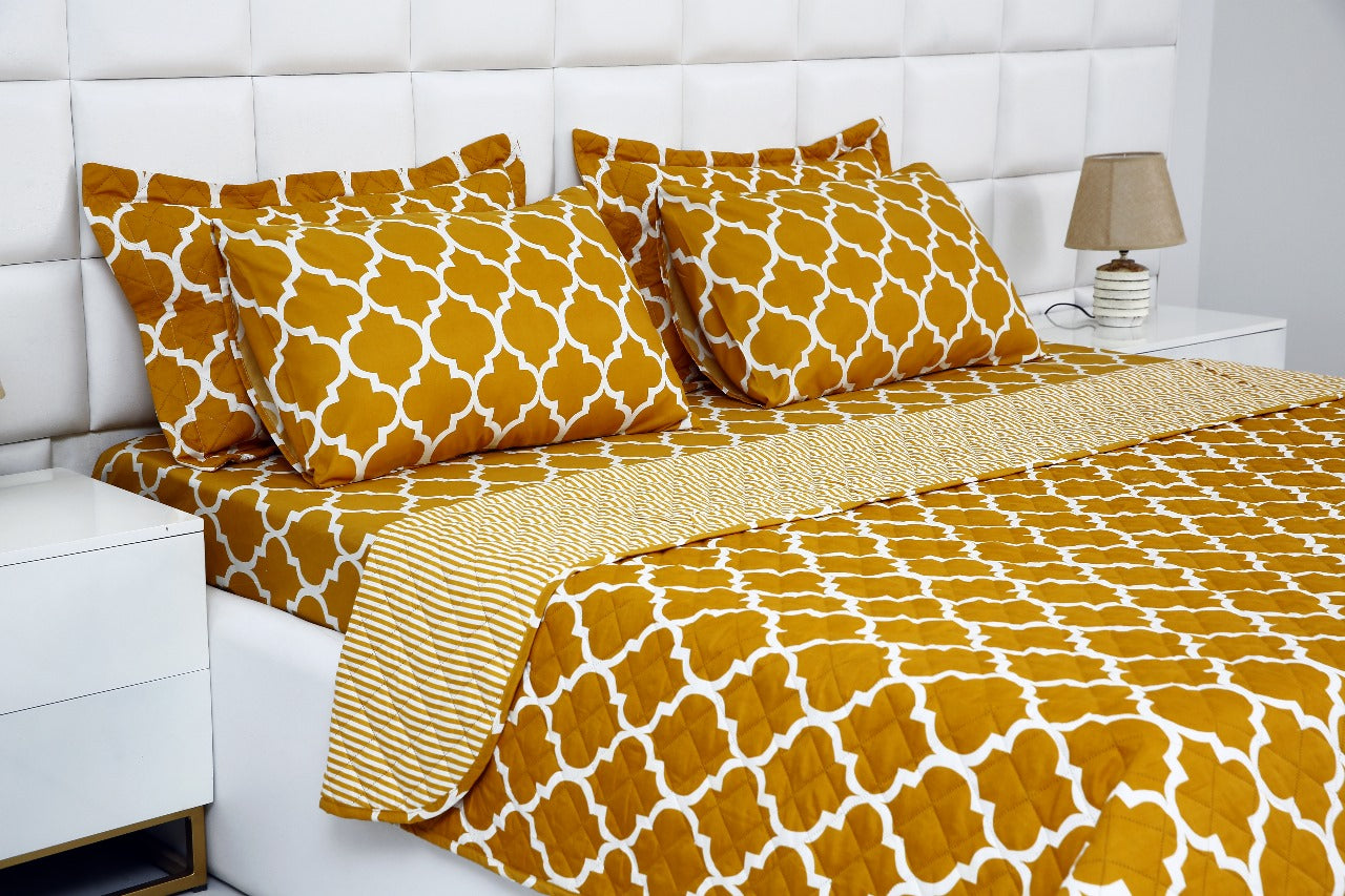 6 PCs Bed Spread Set-Mustard Geometric Bed Spread Apricot   