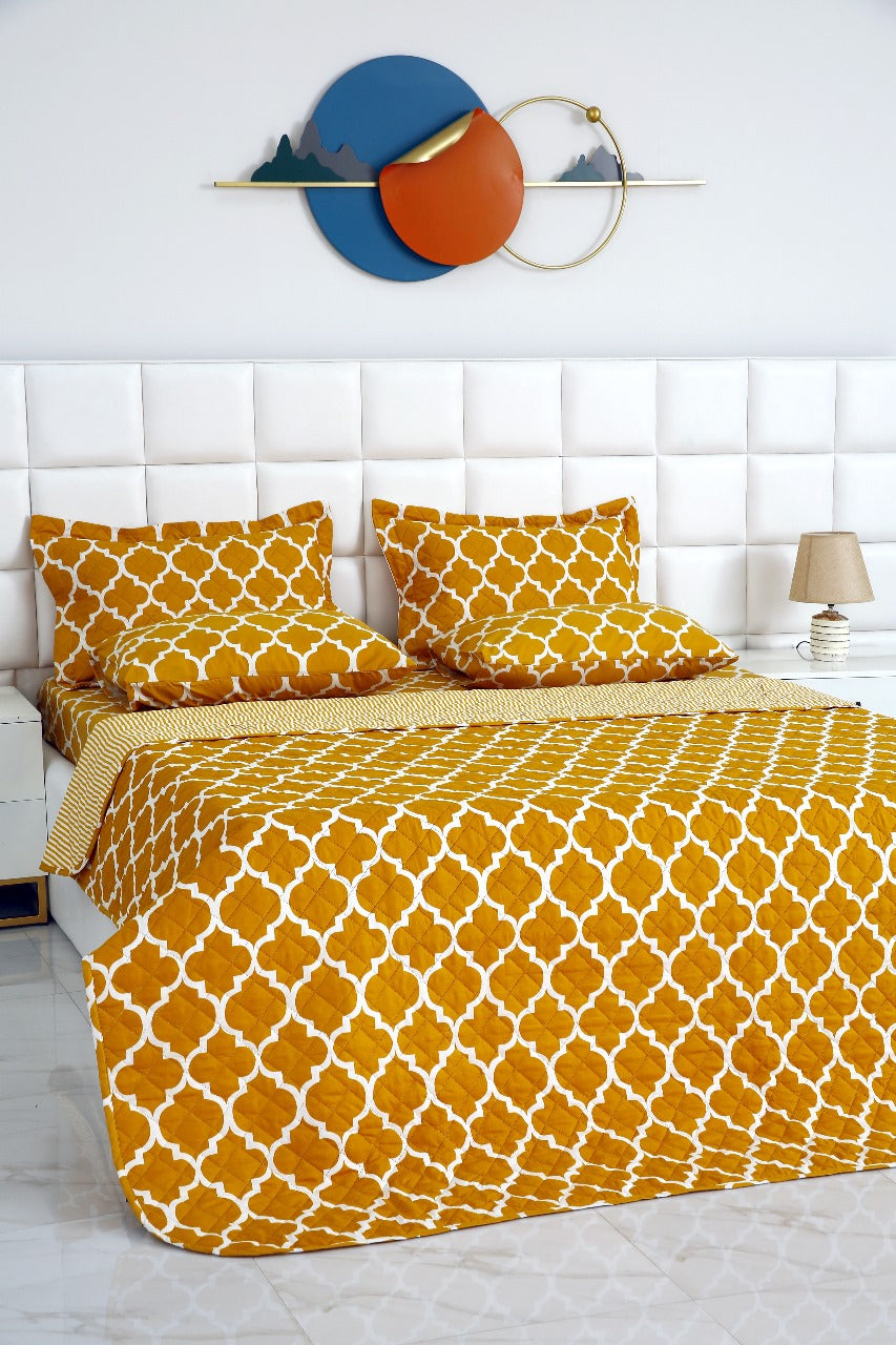 6 PCs Bed Spread Set-Mustard Geometric Bed Spread Apricot   