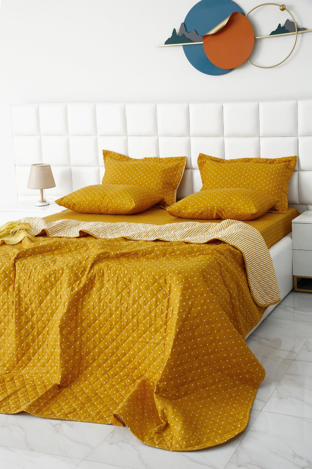 6 PCs Bed Spread Set-Mustard Polka Bed Spread Apricot   