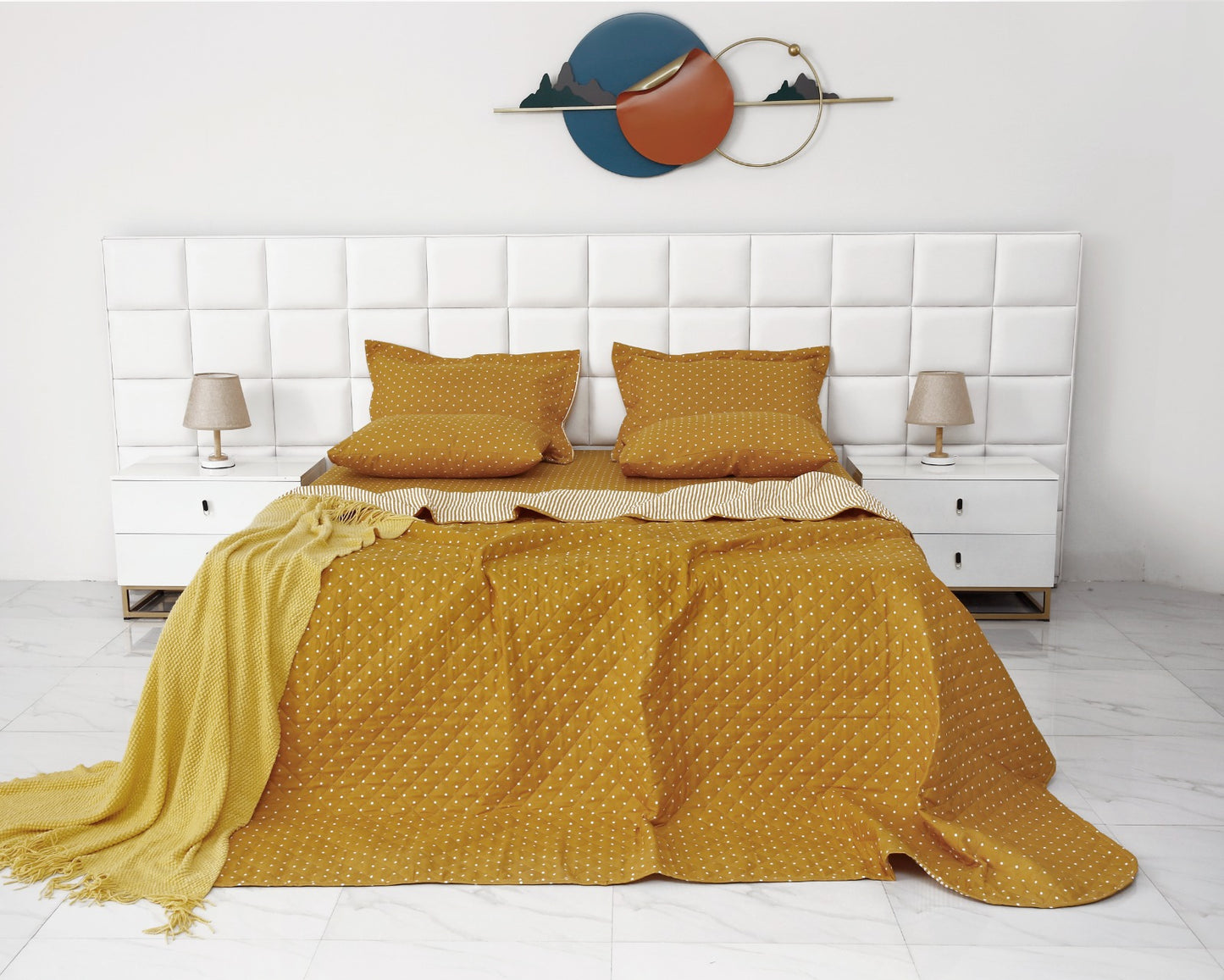 6 PCs Bed Spread Set-Mustard Polka Bed Spread Apricot   