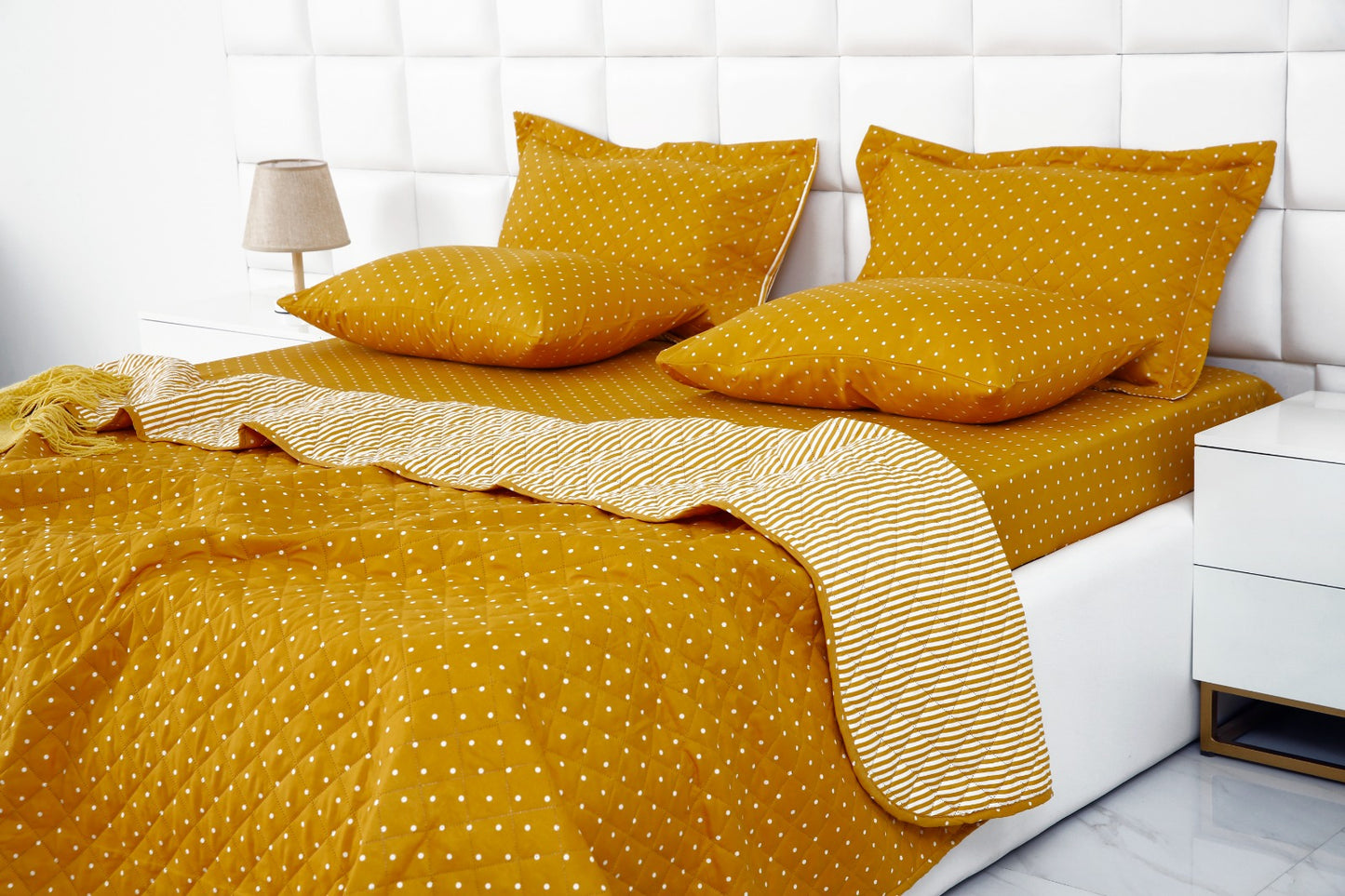 6 PCs Bed Spread Set-Mustard Polka Bed Spread Apricot   