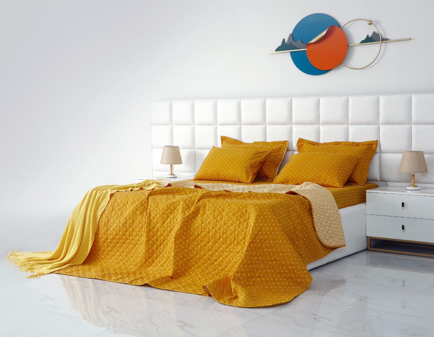 6 PCs Bed Spread Set-Mustard Polka Bed Spread Apricot   