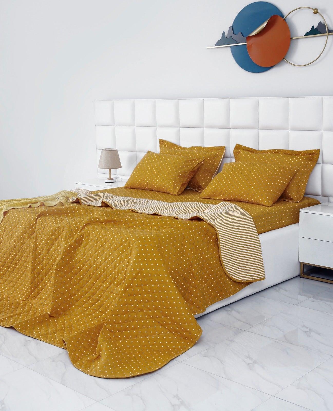 6 PCs Bed Spread Set-Mustard Polka Bed Spread Apricot   