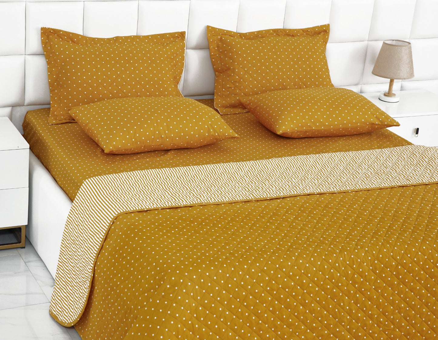 6 PCs Bed Spread Set-Mustard Polka Bed Spread Apricot   