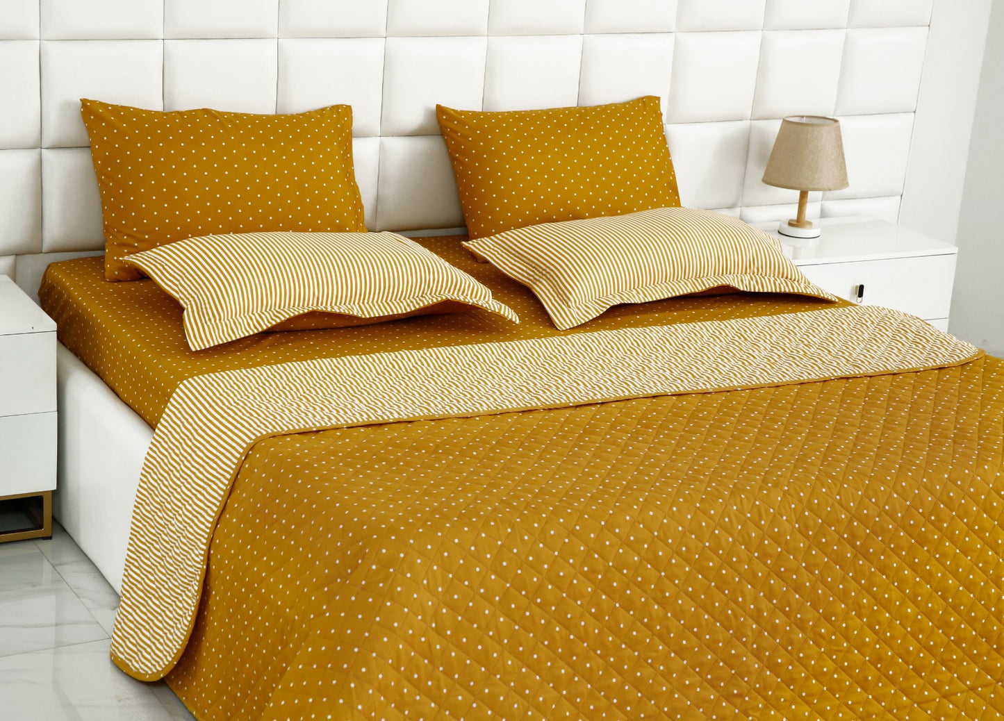 6 PCs Bed Spread Set-Mustard Polka Bed Spread Apricot   