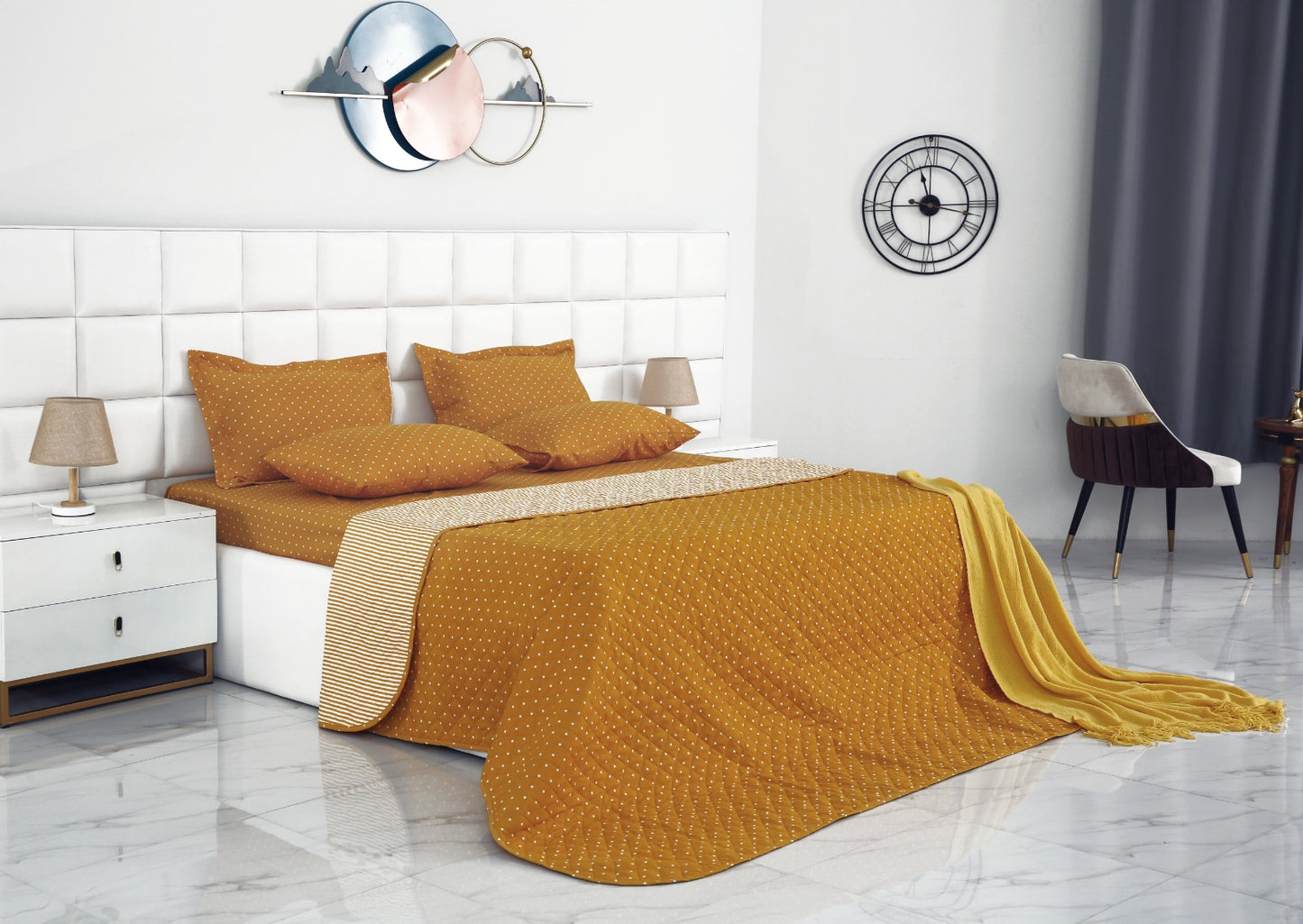 6 PCs Bed Spread Set-Mustard Polka Bed Spread Apricot   