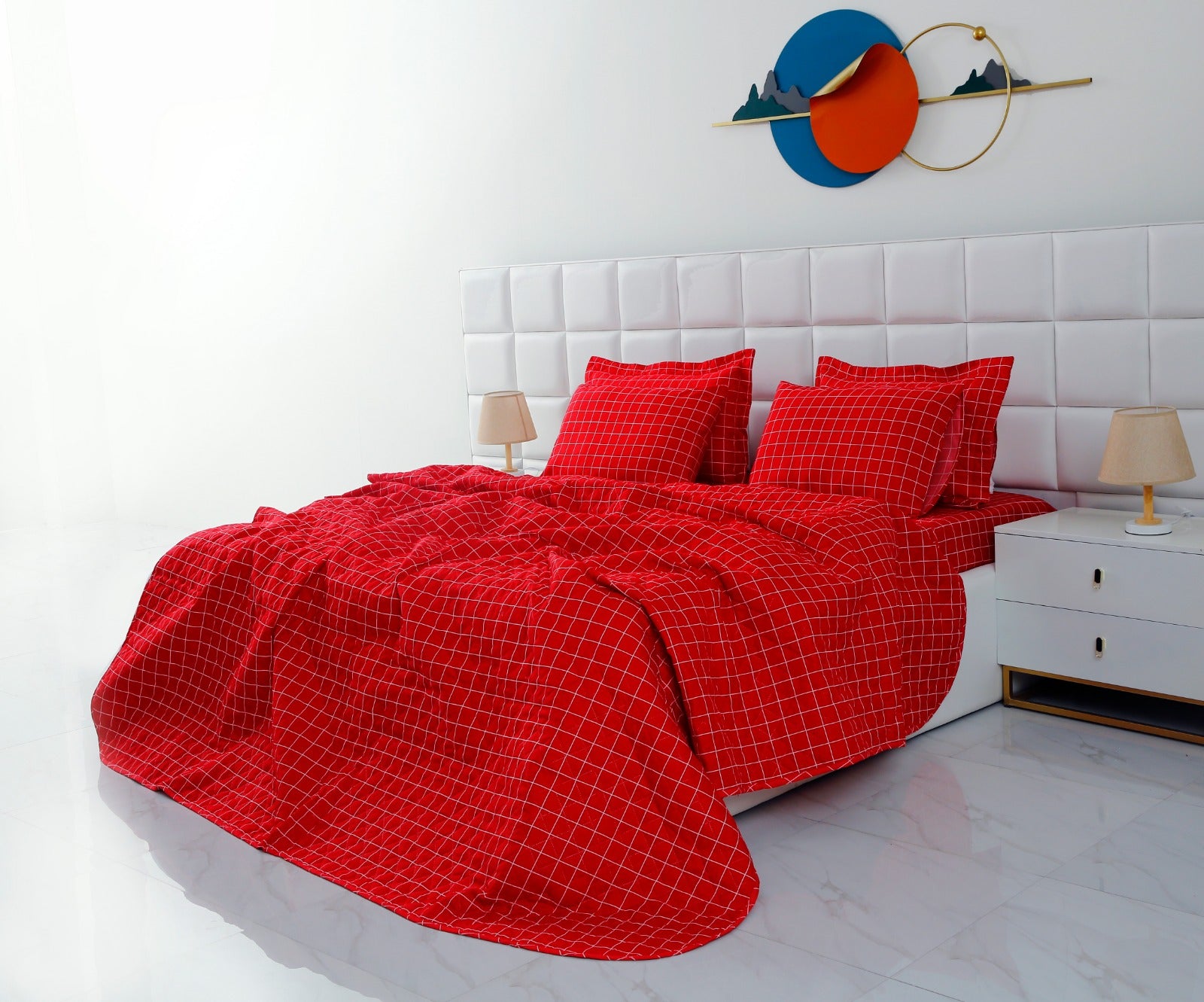 6 PCs Bed Spread Set-Red Check Bed Spread Apricot   