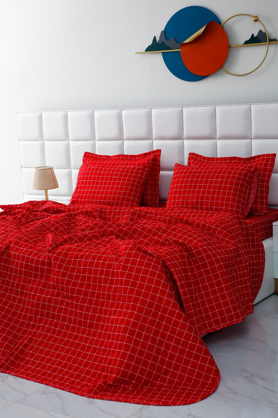 6 PCs Bed Spread Set-Red Check Bed Spread Apricot   