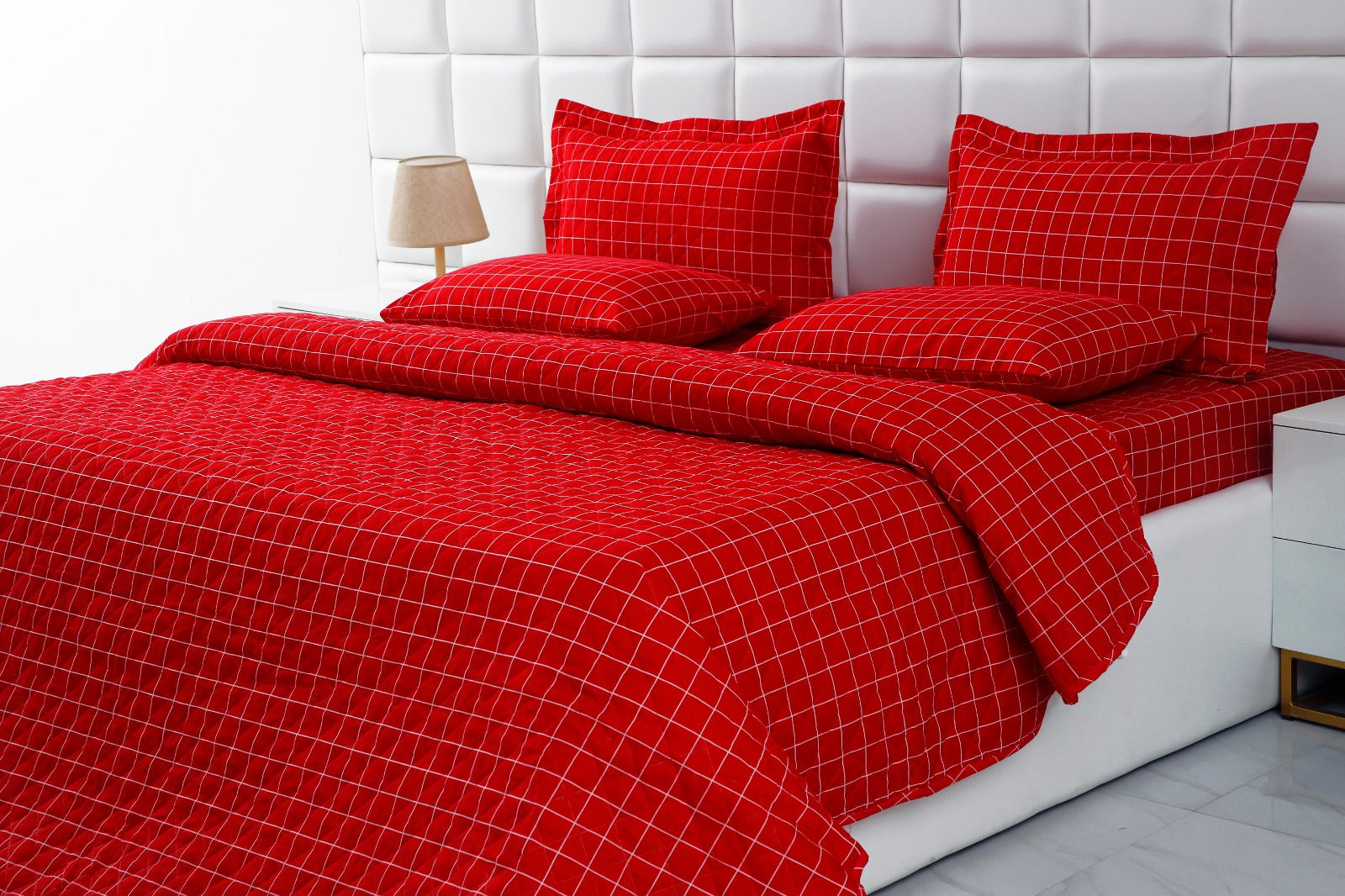 6 PCs Bed Spread Set-Red Check Bed Spread Apricot   