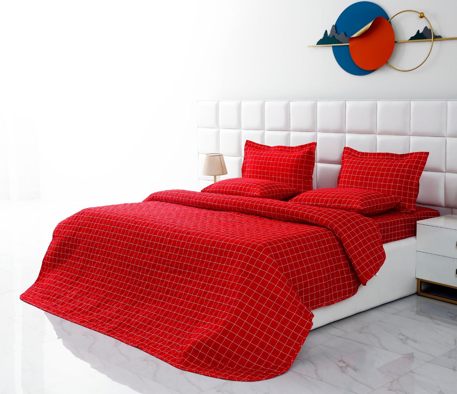 6 PCs Bed Spread Set-Red Check Bed Spread Apricot   