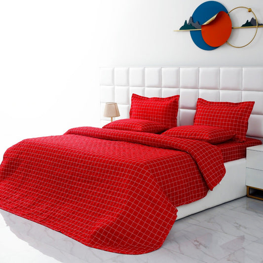 6 PCs Bed Spread Set-Red Check Bed Spread Apricot   