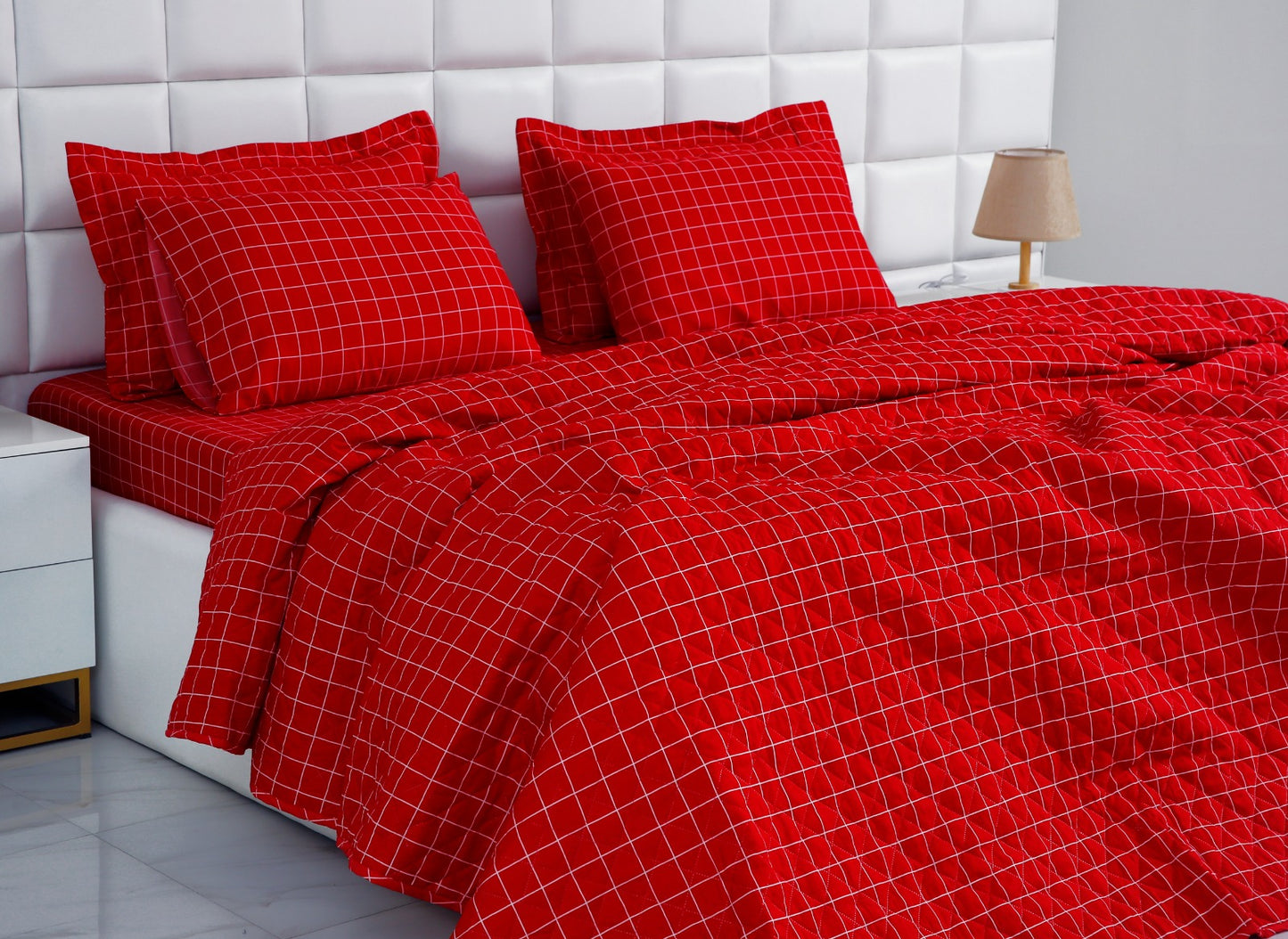 6 PCs Bed Spread Set-Red Check Bed Spread Apricot   