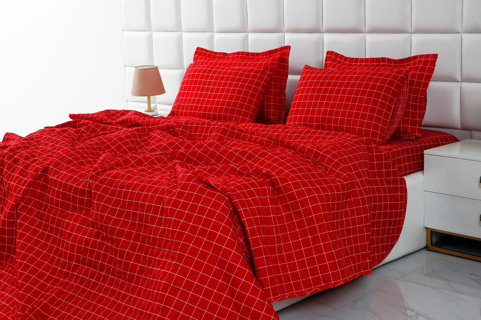 6 PCs Bed Spread Set-Red Check Bed Spread Apricot   