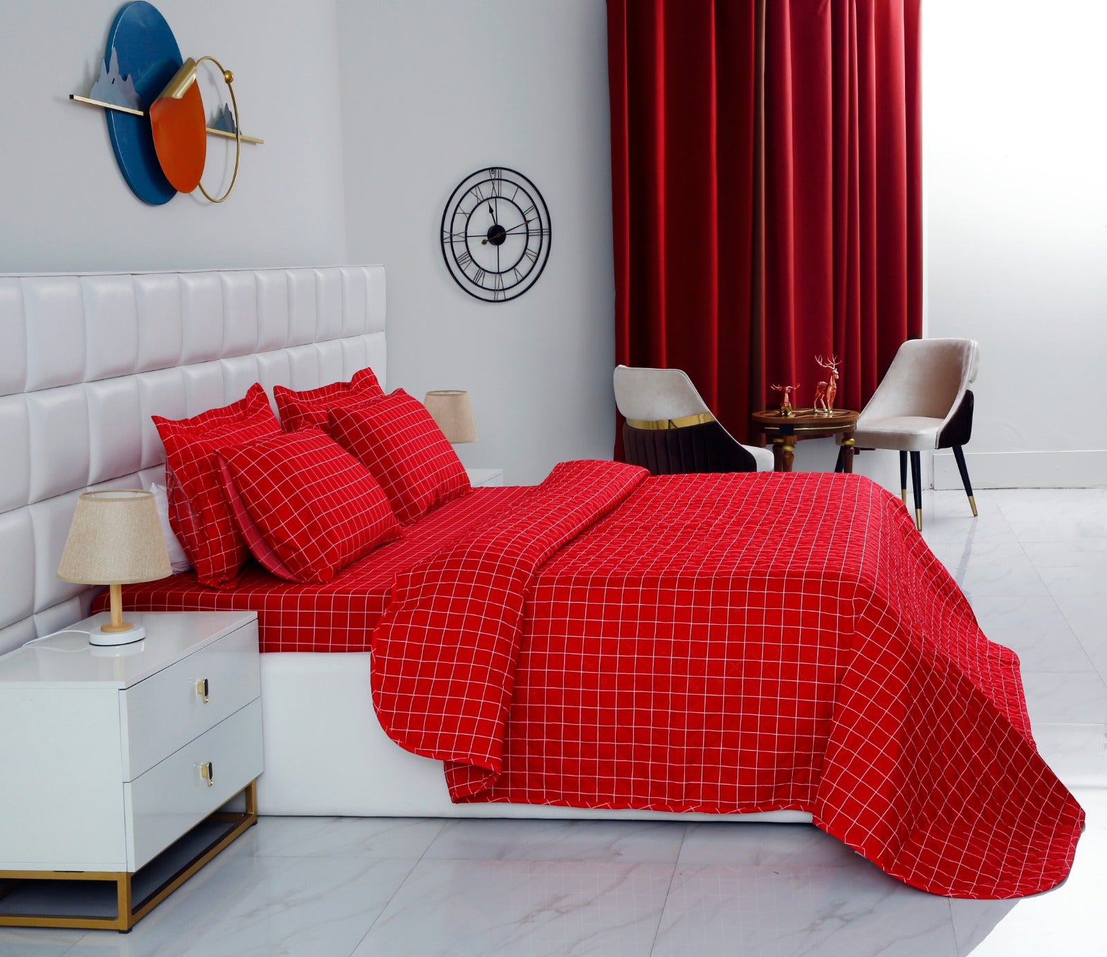 6 PCs Bed Spread Set-Red Check Bed Spread Apricot   