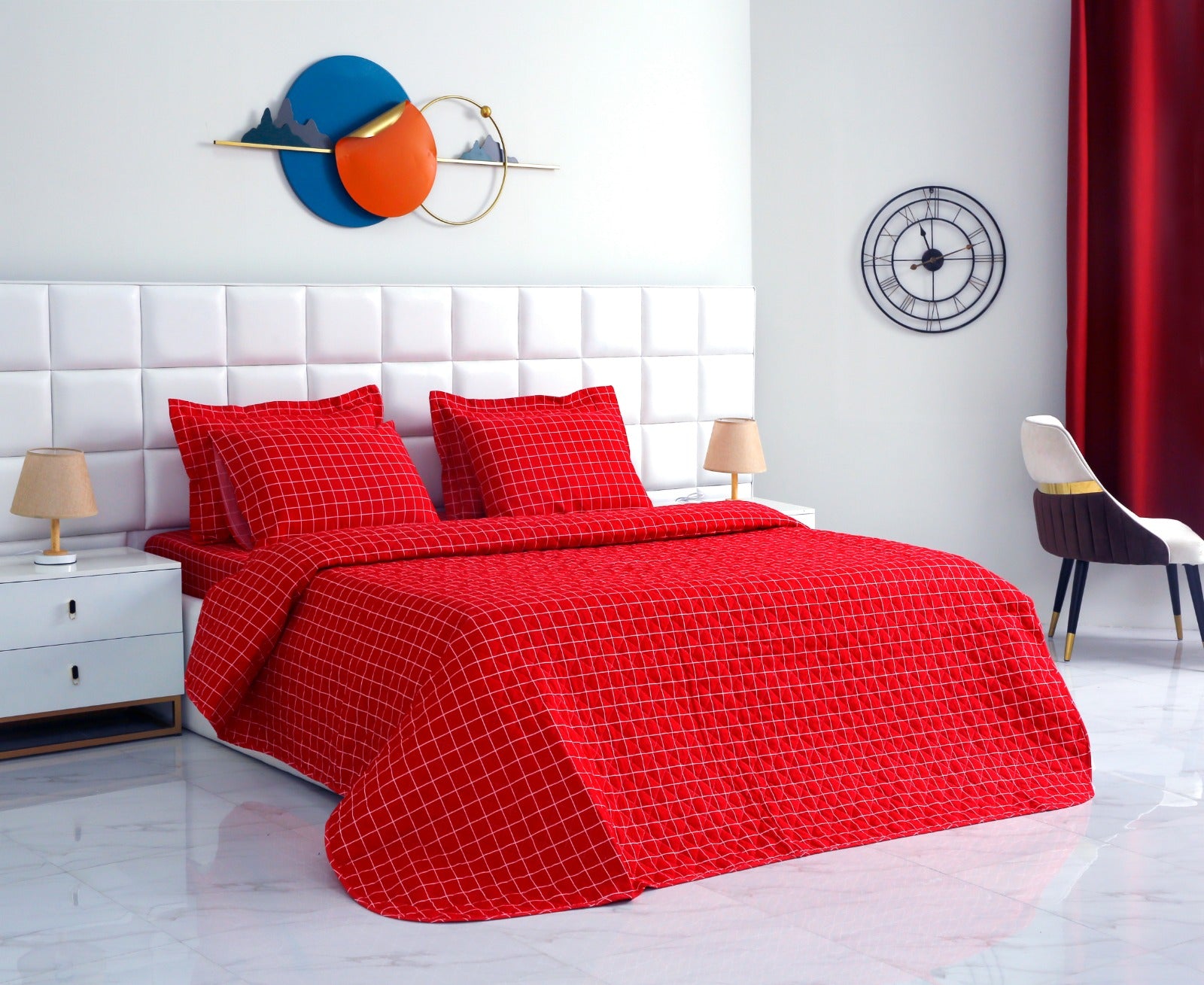 6 PCs Bed Spread Set-Red Check Bed Spread Apricot   