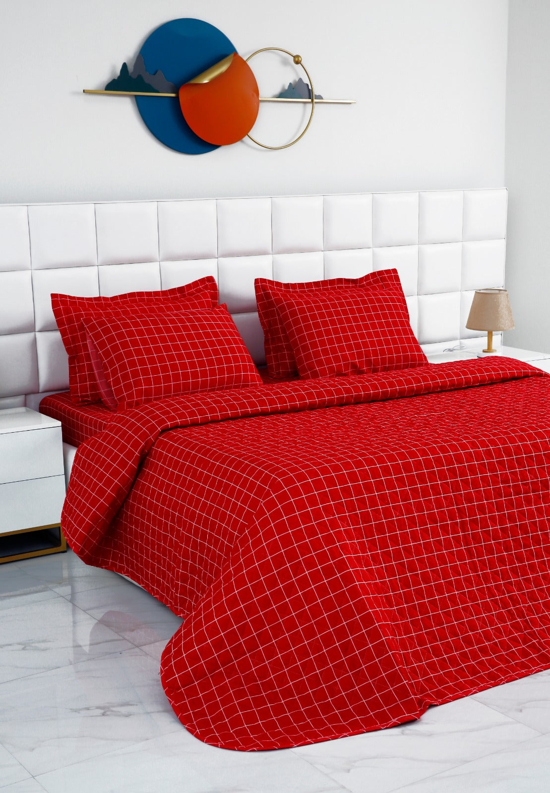 6 PCs Bed Spread Set-Red Check Bed Spread Apricot   